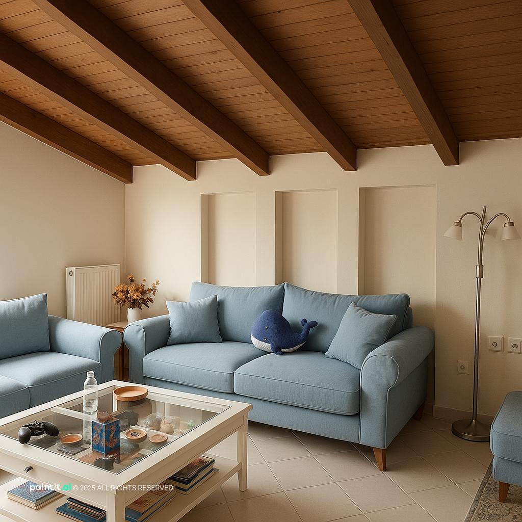 Living room with a light blue sofa, a white coffee table and soft light