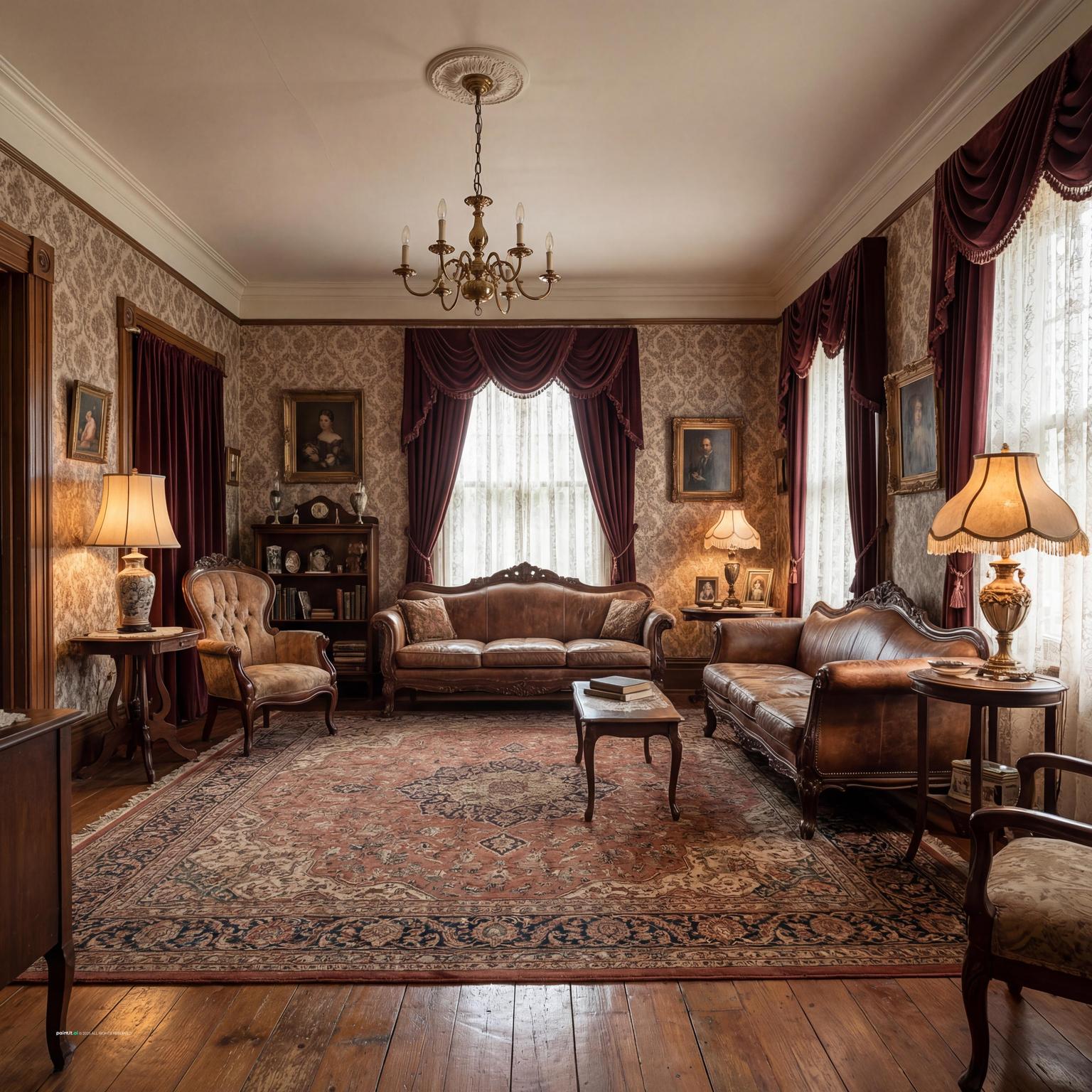 Timeless vintage-style living room design, with classic furniture, warm lighting, and a cozy atmosphere reminiscent of a 1930s living room.