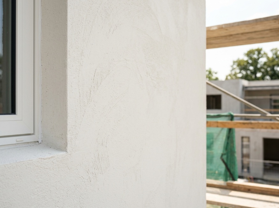 Freshly painted new stucco wall using a self-priming masonry topcoat finish