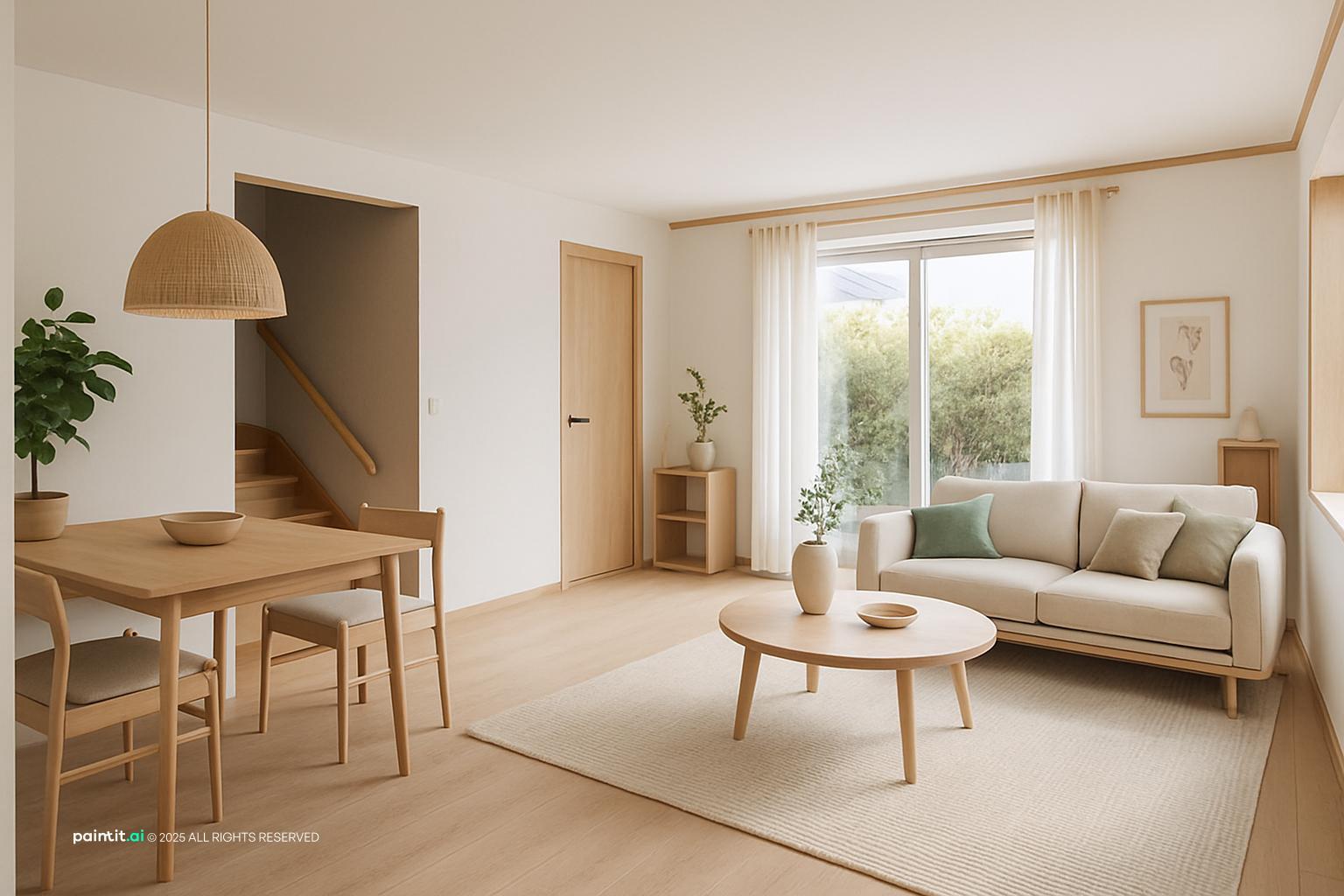 Japandi living room with a pale sofa, a round coffee table and a small wooden dining set