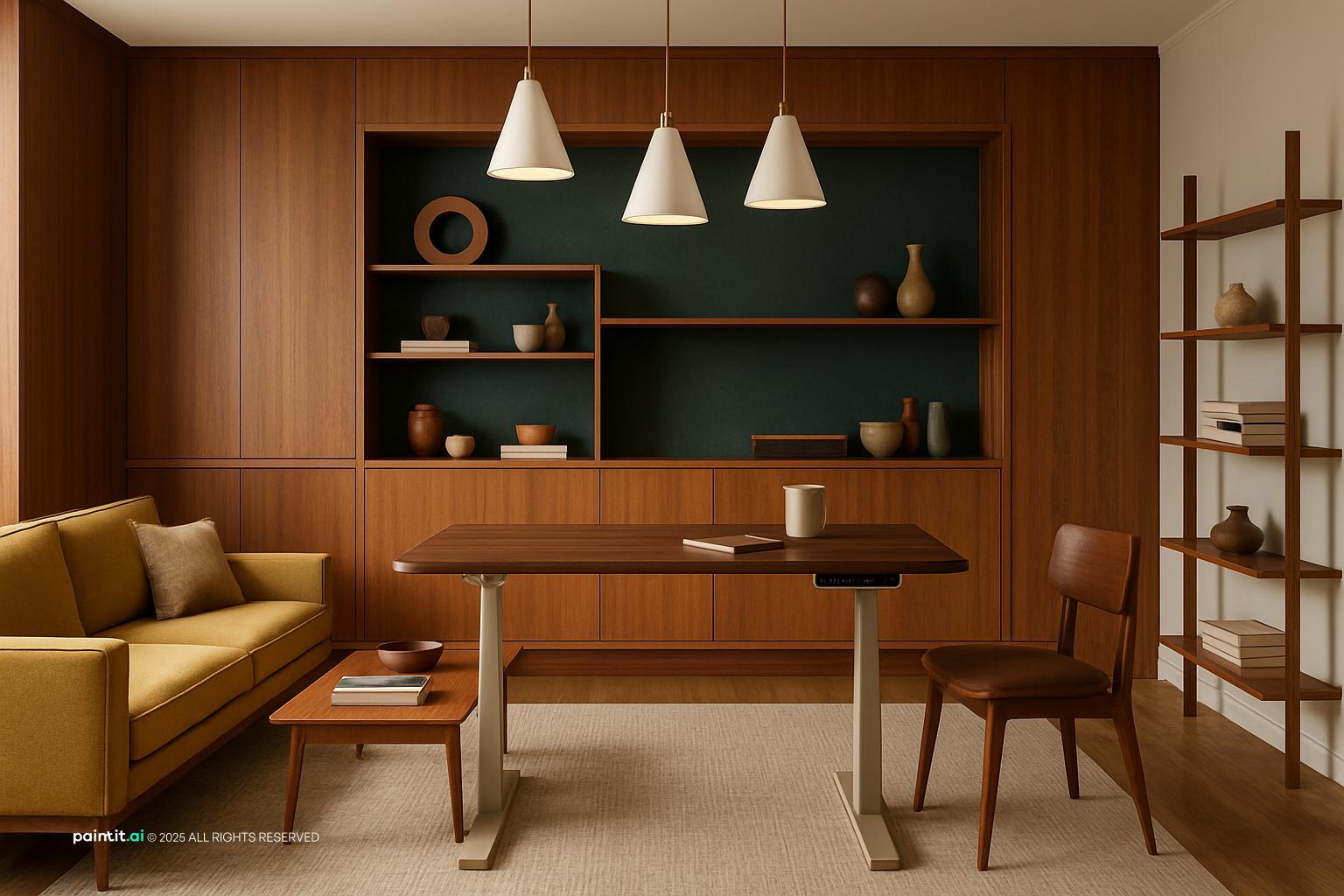 Midcentury Modern Living Room Design showing work-from-home zone, clean-lined furniture for Home Office In Living Room Ideas.