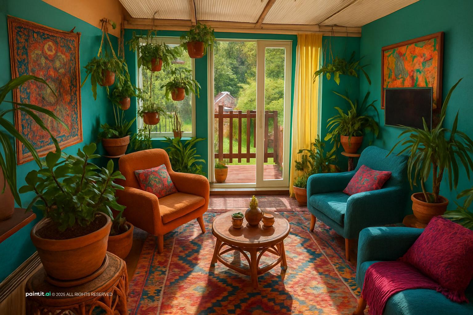 Bohemian garden room decorated with teal walls, patterned rug and mismatched armchairs