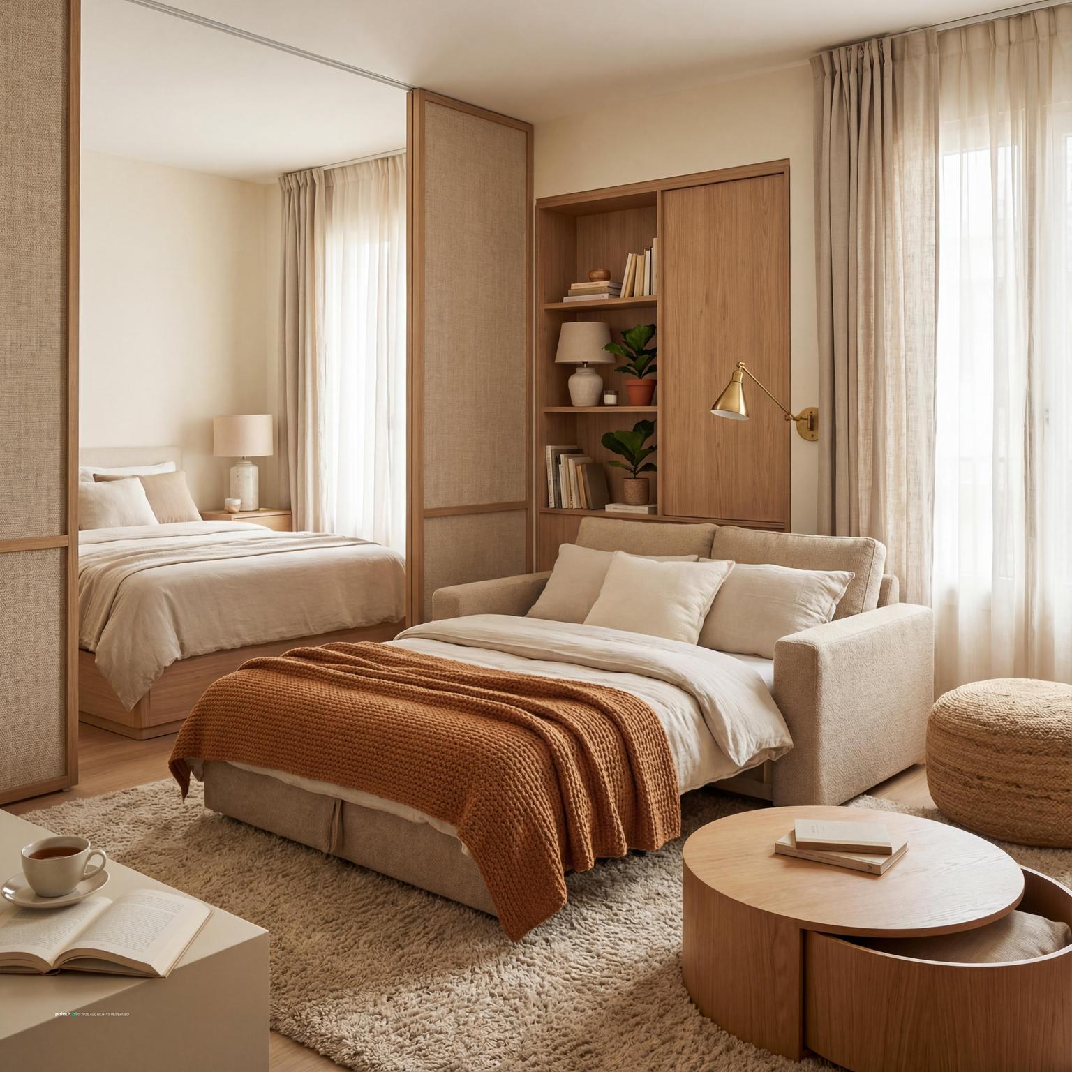 Cozy Living Room and Bedroom Design with neutral palette and a calm living room atmosphere.
