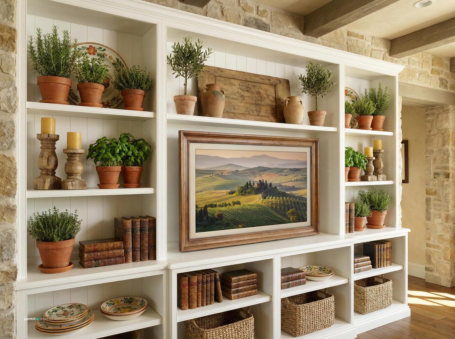 White built-in shelves around a TV with terracotta pots, herbs, books and a landscape painting