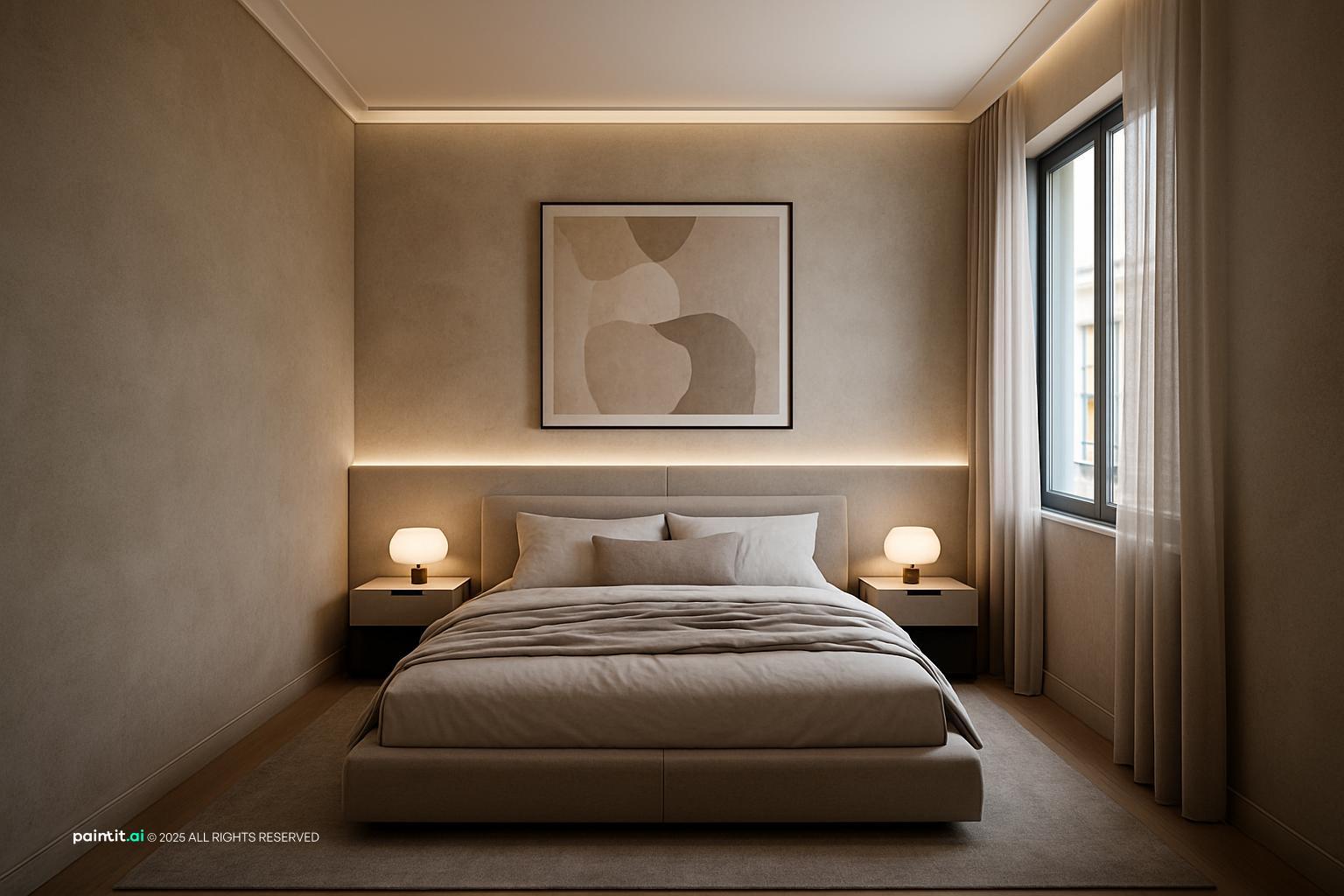 Taupe bedroom with a low bed, soft wall lighting and abstract art above the headboard