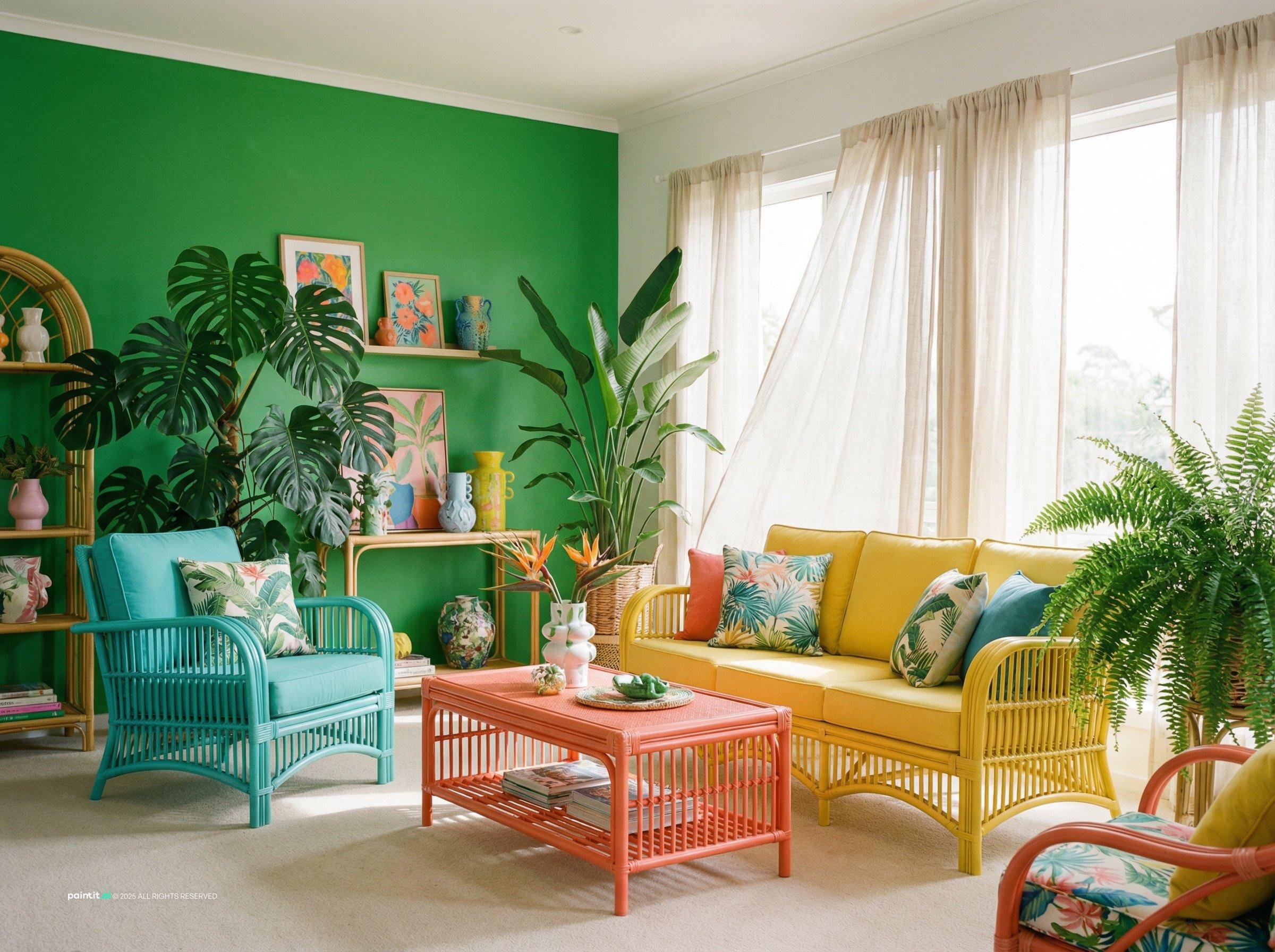 Living room with a bright green wall, a yellow sofa, a coral coffee table, teal chairs and plants