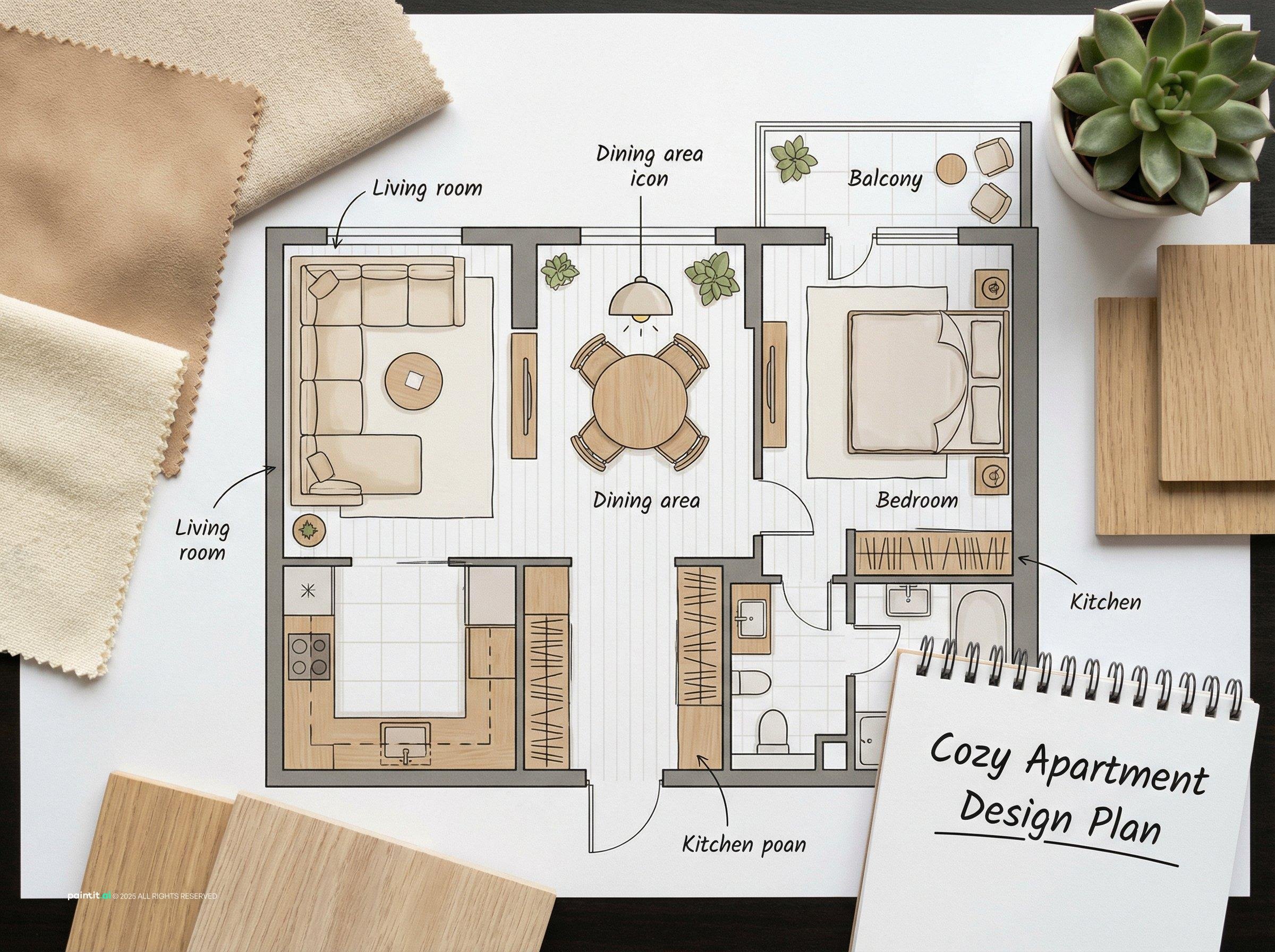 Cozy apartment interior plan with warm neutrals and storage