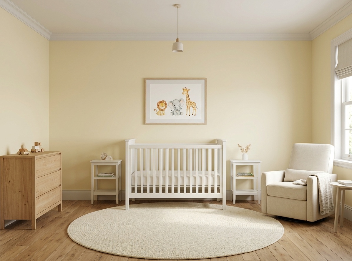 Centered crib nursery layout with balanced furniture placement and a soft area rug