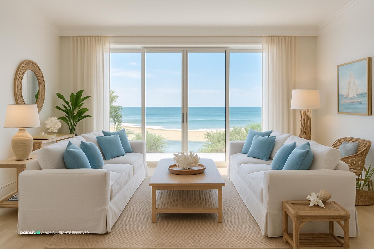 Coastal living room with white sofas, blue cushions and large windows facing the sea
