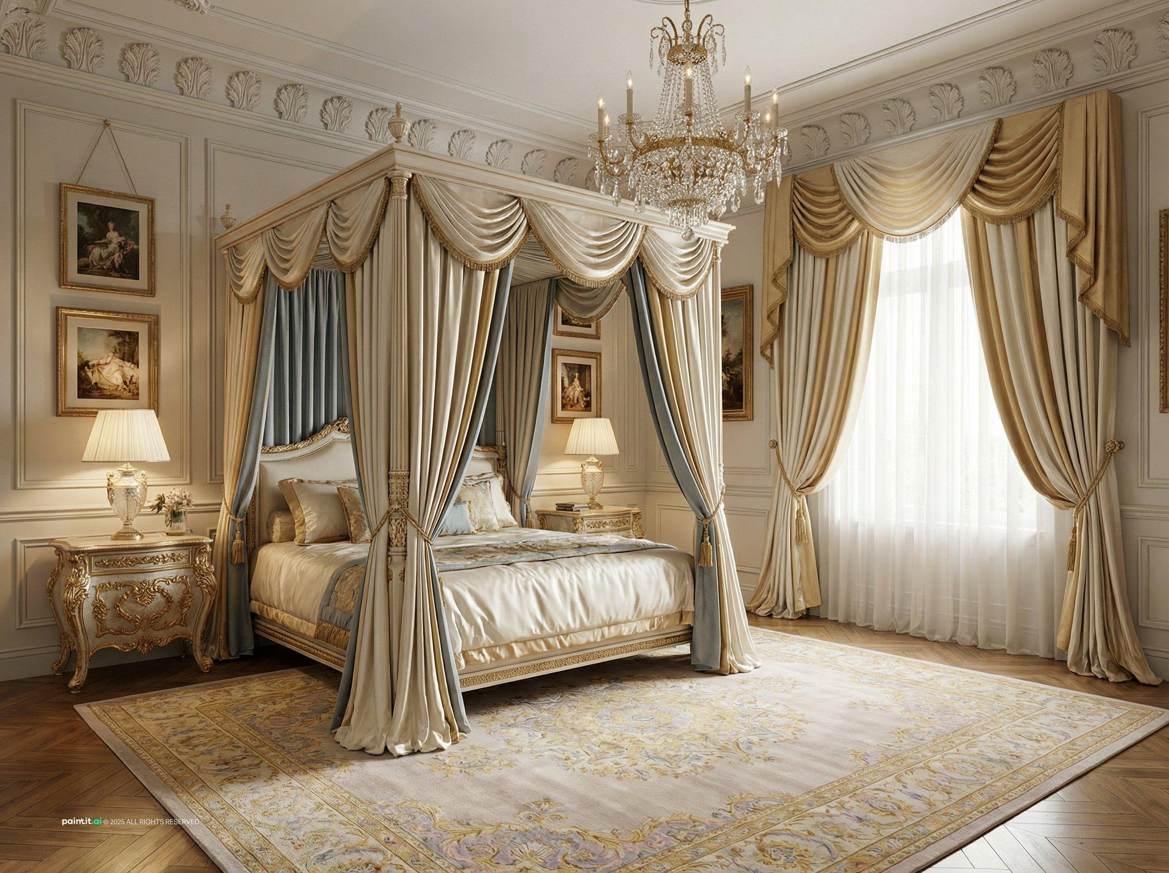 Baroque-inspired bedroom with a draped canopy bed, molded walls and a crystal chandelier