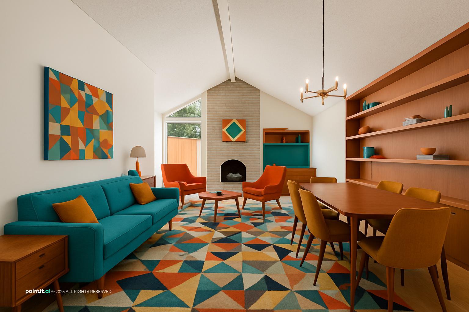 Mid-century living room with a teal sofa, a geometric rug in mustard and orange, and wood shelving