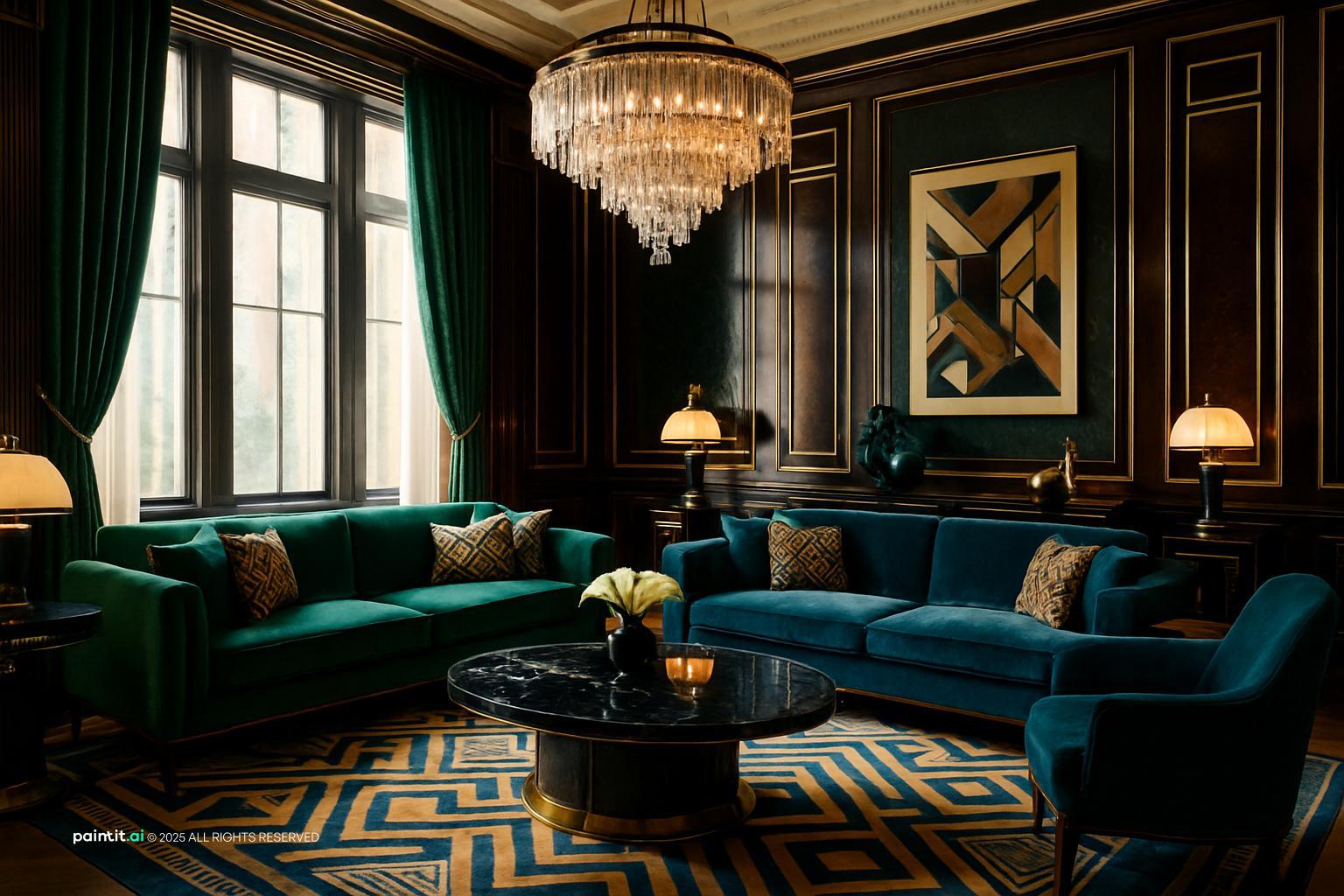 Art Deco living room with teal velvet sofas, a geometric painting, a crystal chandelier and a patterned rug