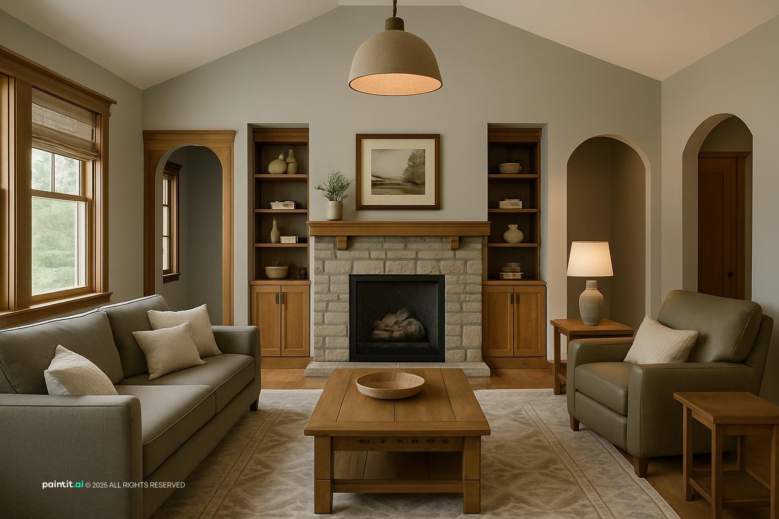 Craftsman living room with built-in shelving and a stone fireplace