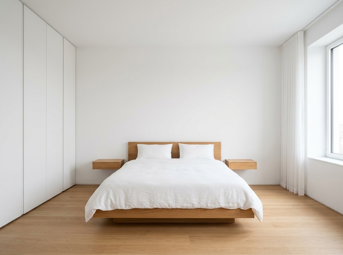 Minimalist master bedroom with low-profile oak platform bed,  ultra-slim floating nightstands, and flush concealed wardrobes in white walls