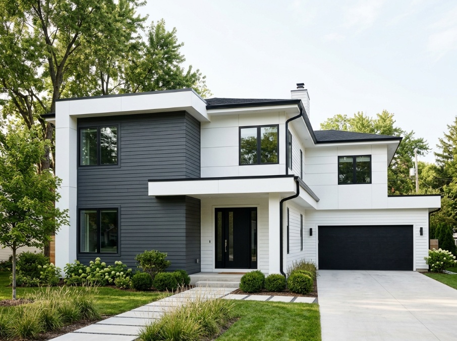 Modern home exterior with soft charcoal Iron Ore accent siding and black trim