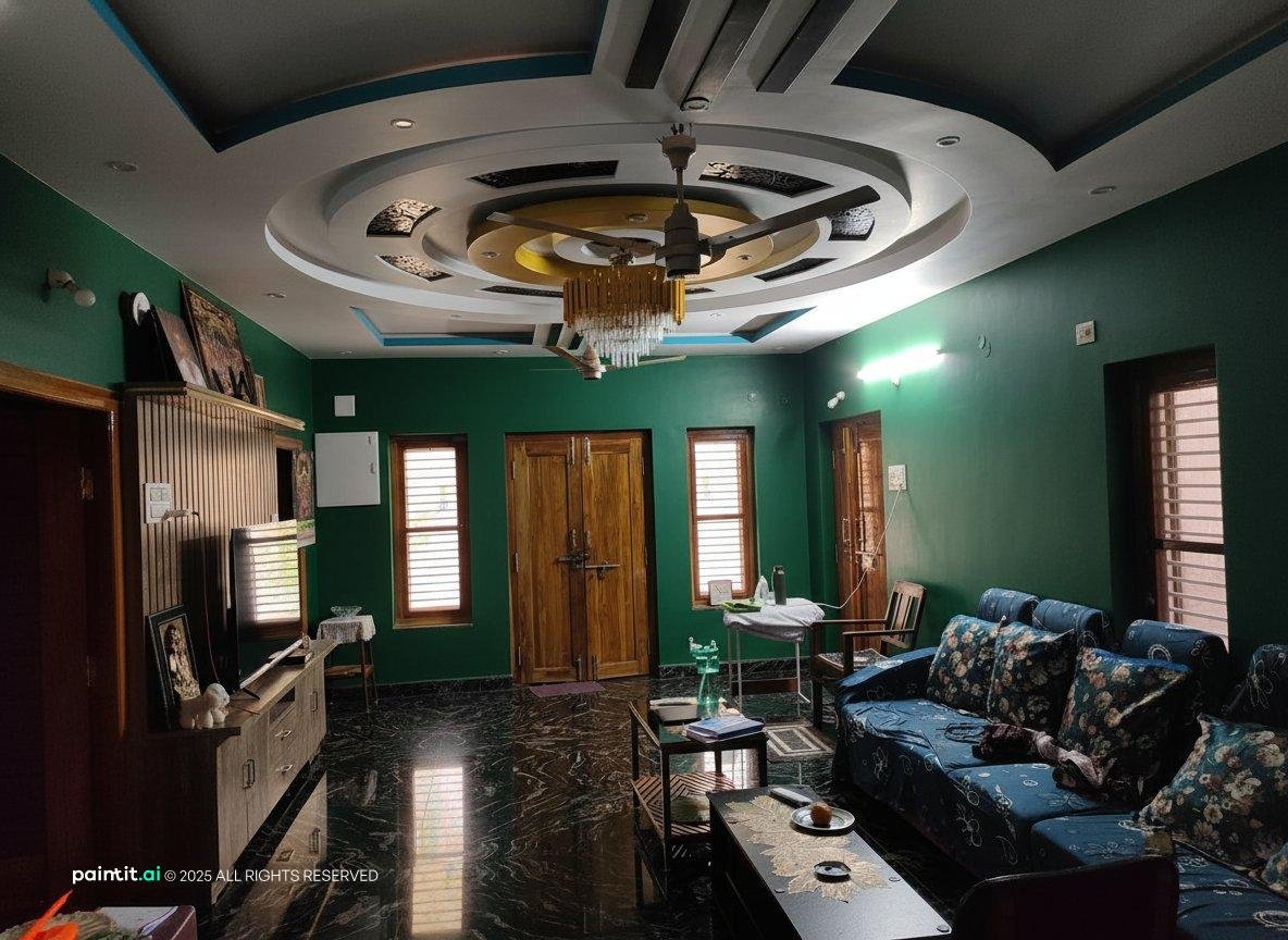 Living room and kitchen with dark emerald green walls, gold accents and a velvet sofa