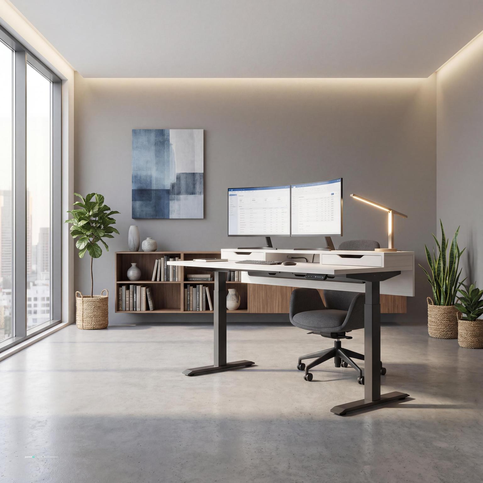 Contemporary office with professional desk layout