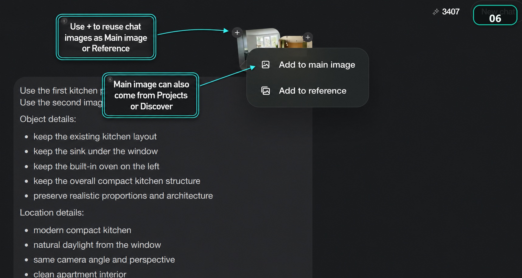 Paintit.ai chat screenshot showing the plus button on previous images and options to add an image to main image or reference.