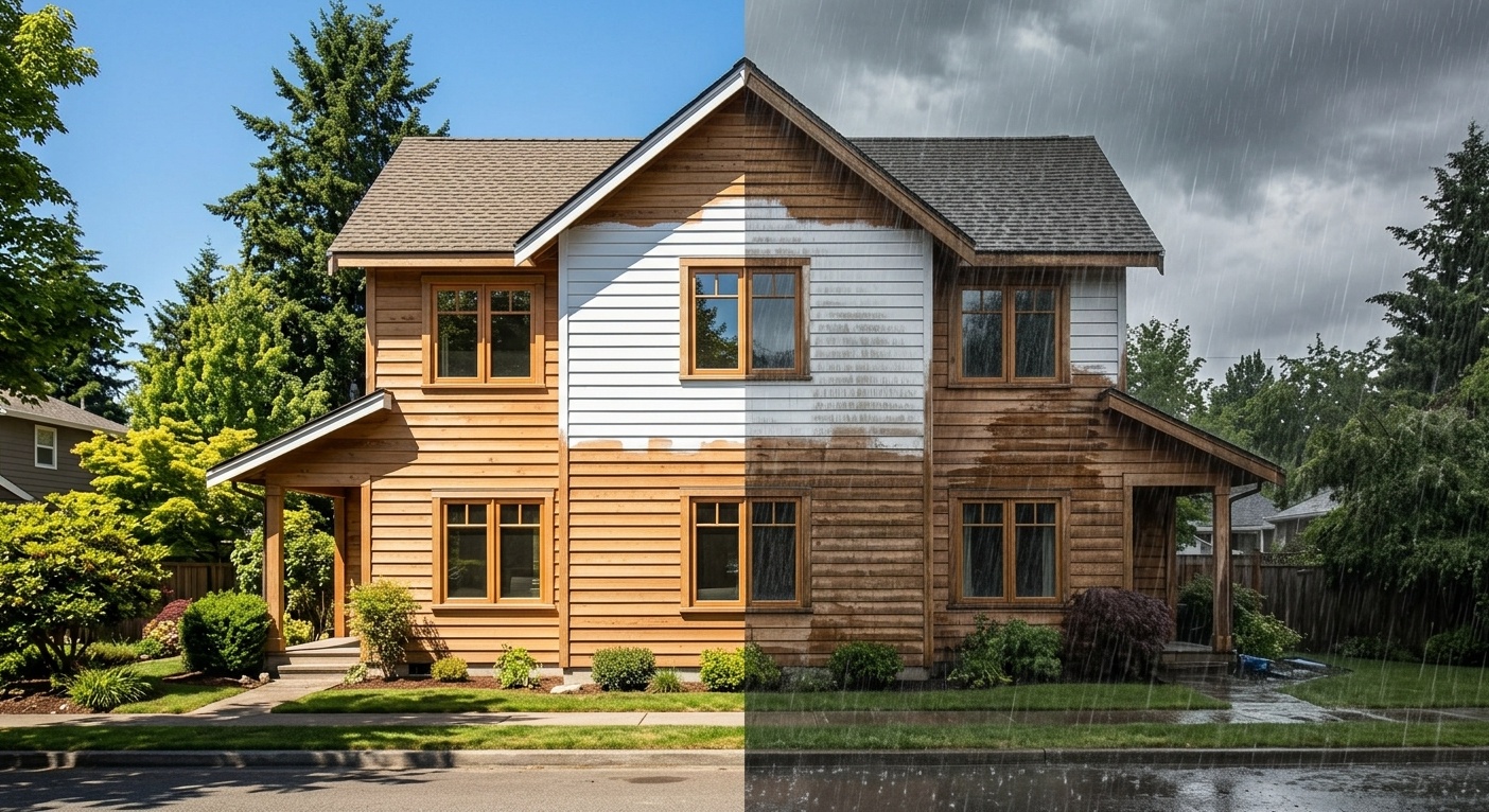  photo house facade shown in two weather conditions &mdash; bright intense summer sun on the left half, heavy rain and overcast sky on the right half  