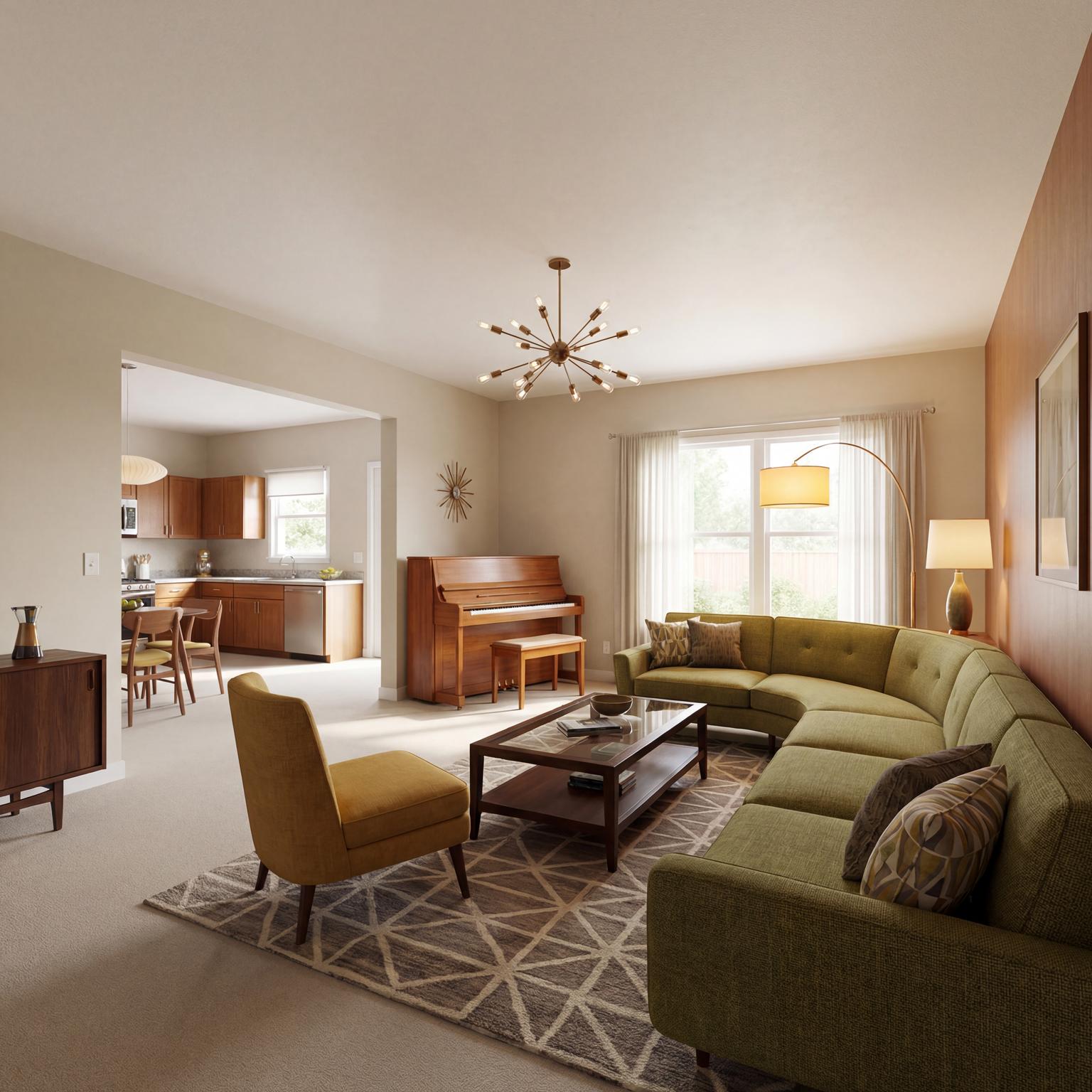 Mid-Century Modern Living Room Design with sectional and lighting and a calm living room atmosphere.