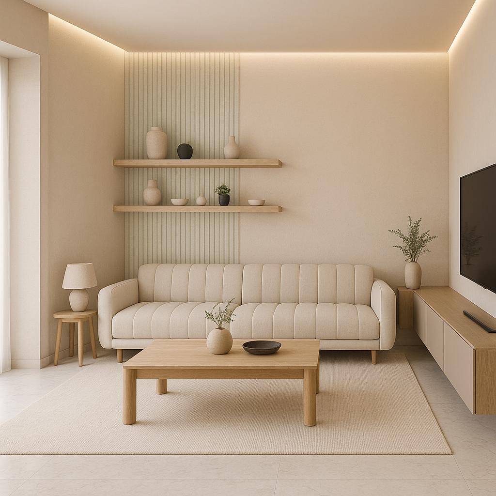 Minimalist Japandi light yellow living room design, combining natural textures with a serene, decluttered aesthetic.