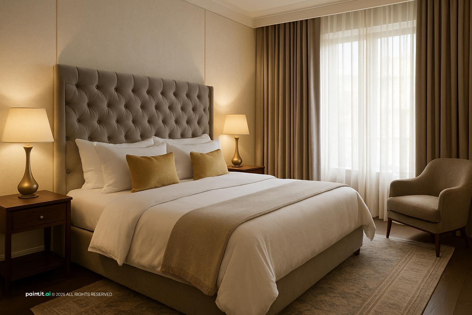 Luxury hotel room with a grey tufted velvet headboard, white bedding with gold cushions and cream walls