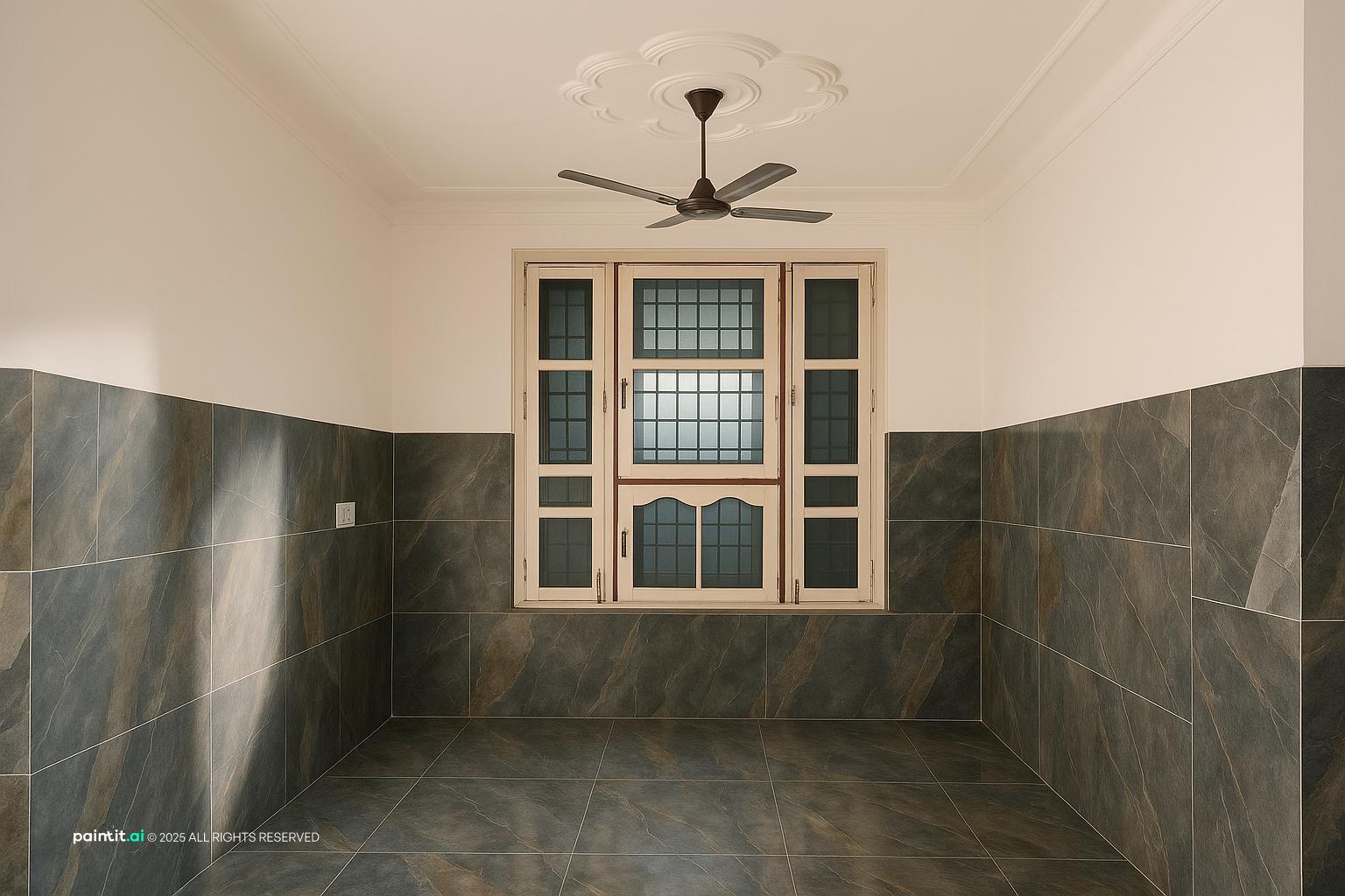 Room with soft white finish and marble wall reference