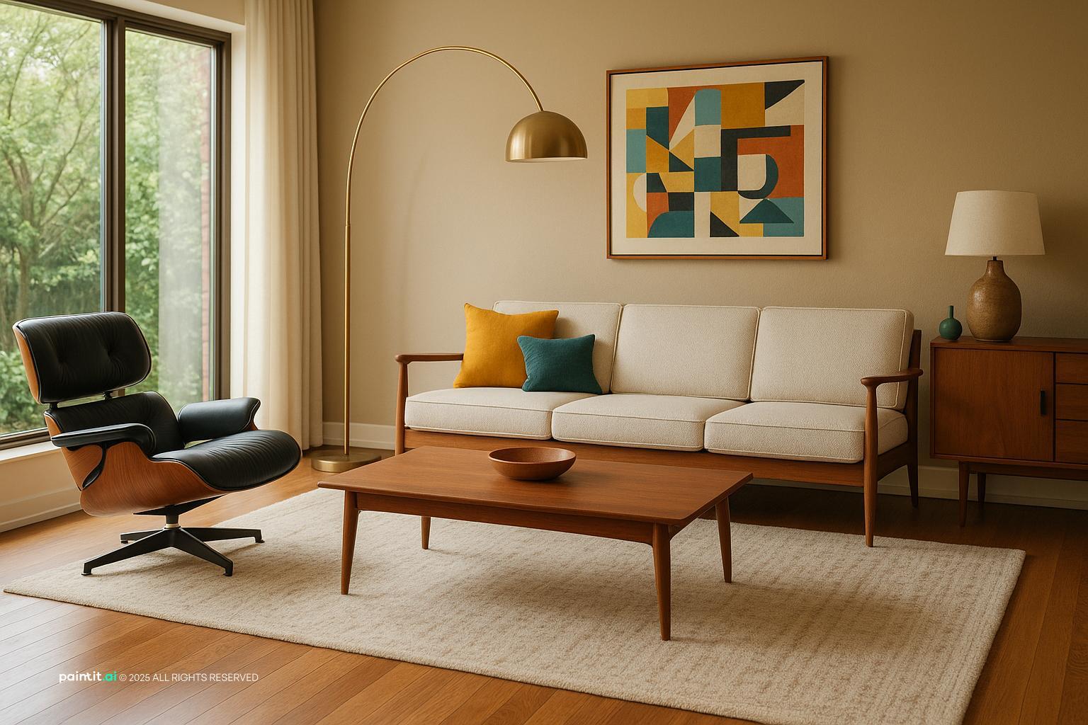 Mid century living room with a lounge chair, a cream sofa and an arc lamp