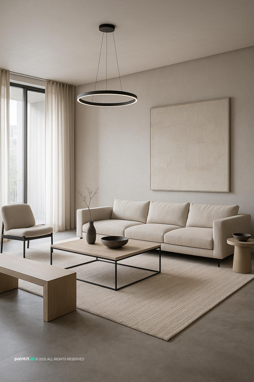 Ultra-realistic contemporary minimalist wine red living room, an award-winning uncluttered design for 2025.