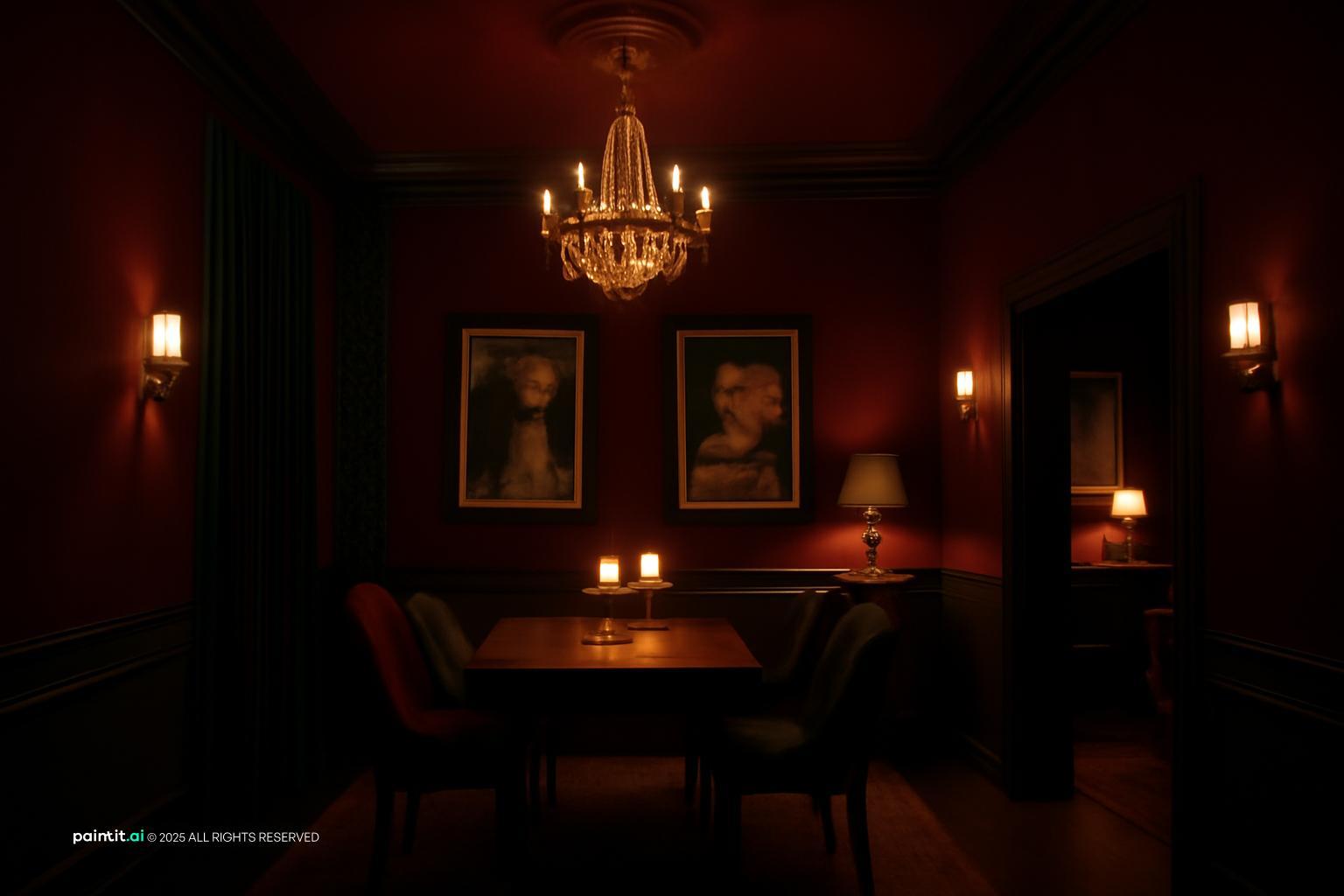 Speakeasy-style dining room with deep red walls, candlelight, framed portraits and a small crystal chandelier