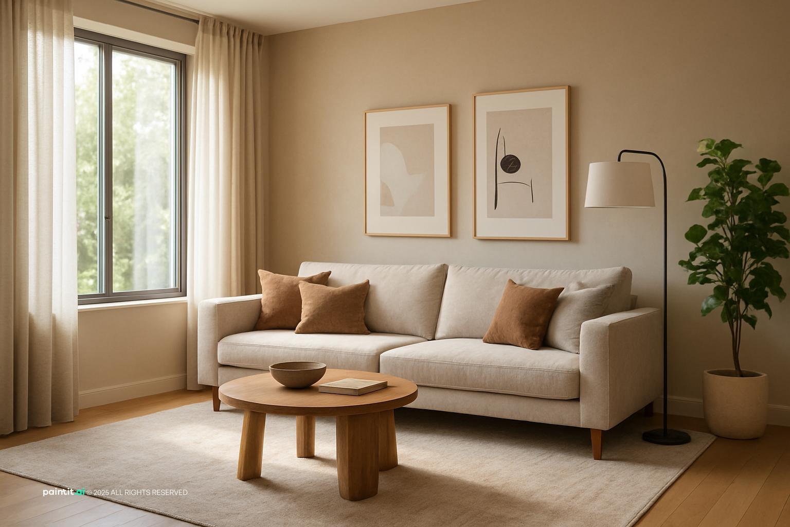Cream living room with a linen sofa, a round wooden coffee table, an arc lamp and a fiddle leaf fig