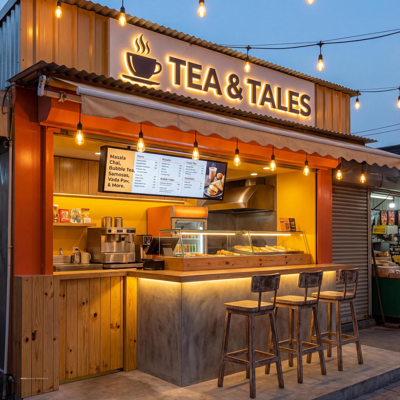 Tea and snack stall with compact service counter