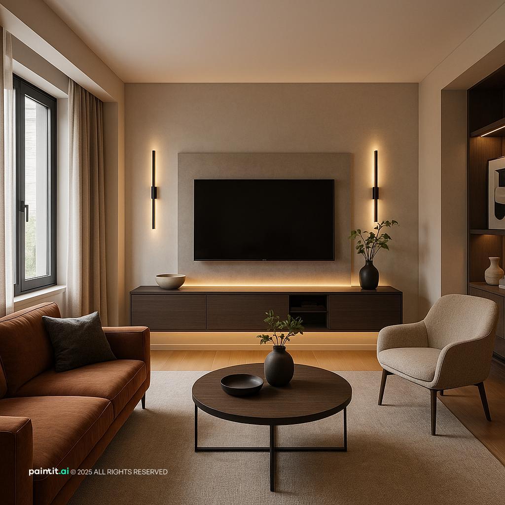 Modern Living Room Design Inspiration showing clean-lined furniture, plants and greenery, layered neutrals for Living Room Tv Wall Ideas.