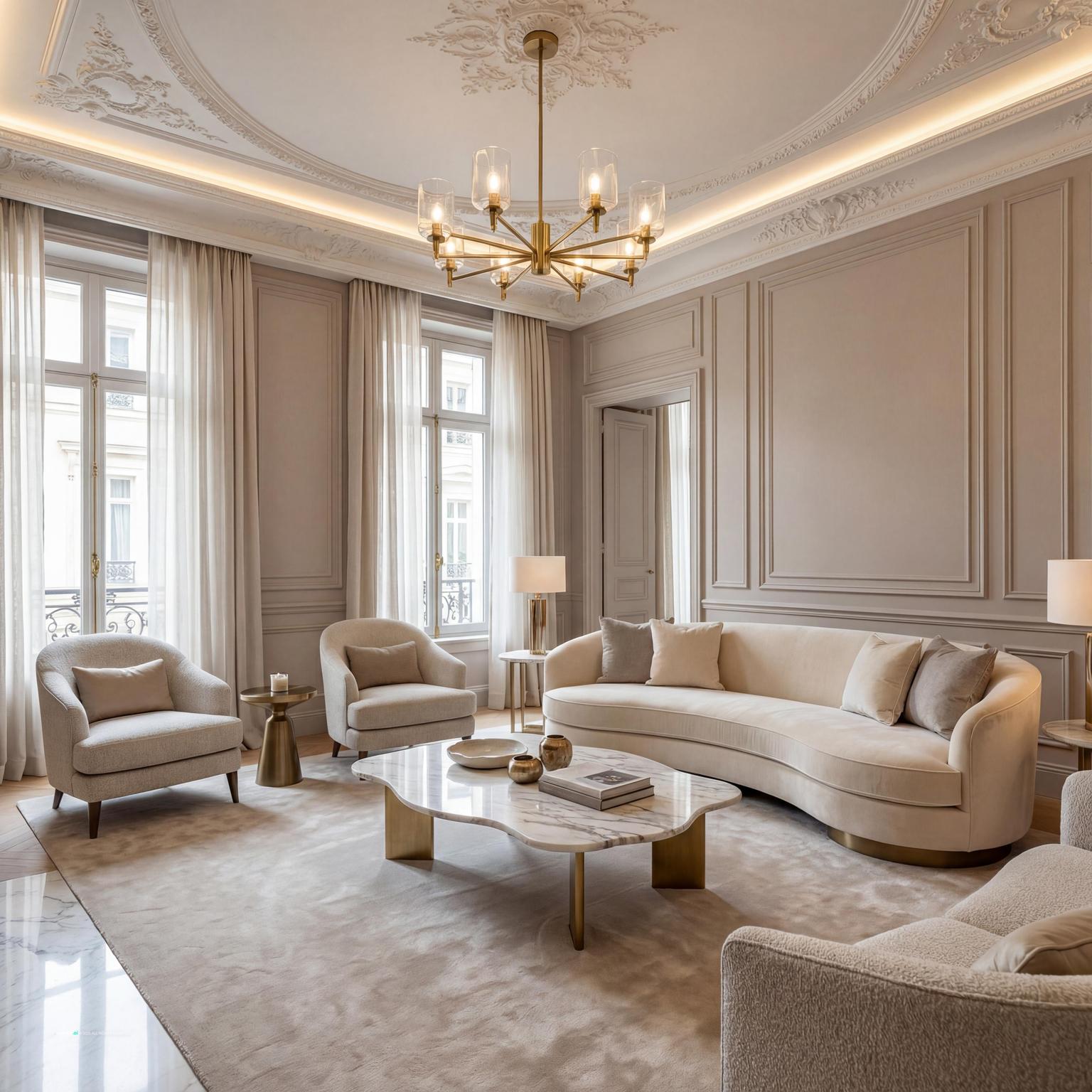 Elegant Neoclassic living room design, featuring classic architectural details, understated luxury, and a timeless appeal akin to a 1930s living room.