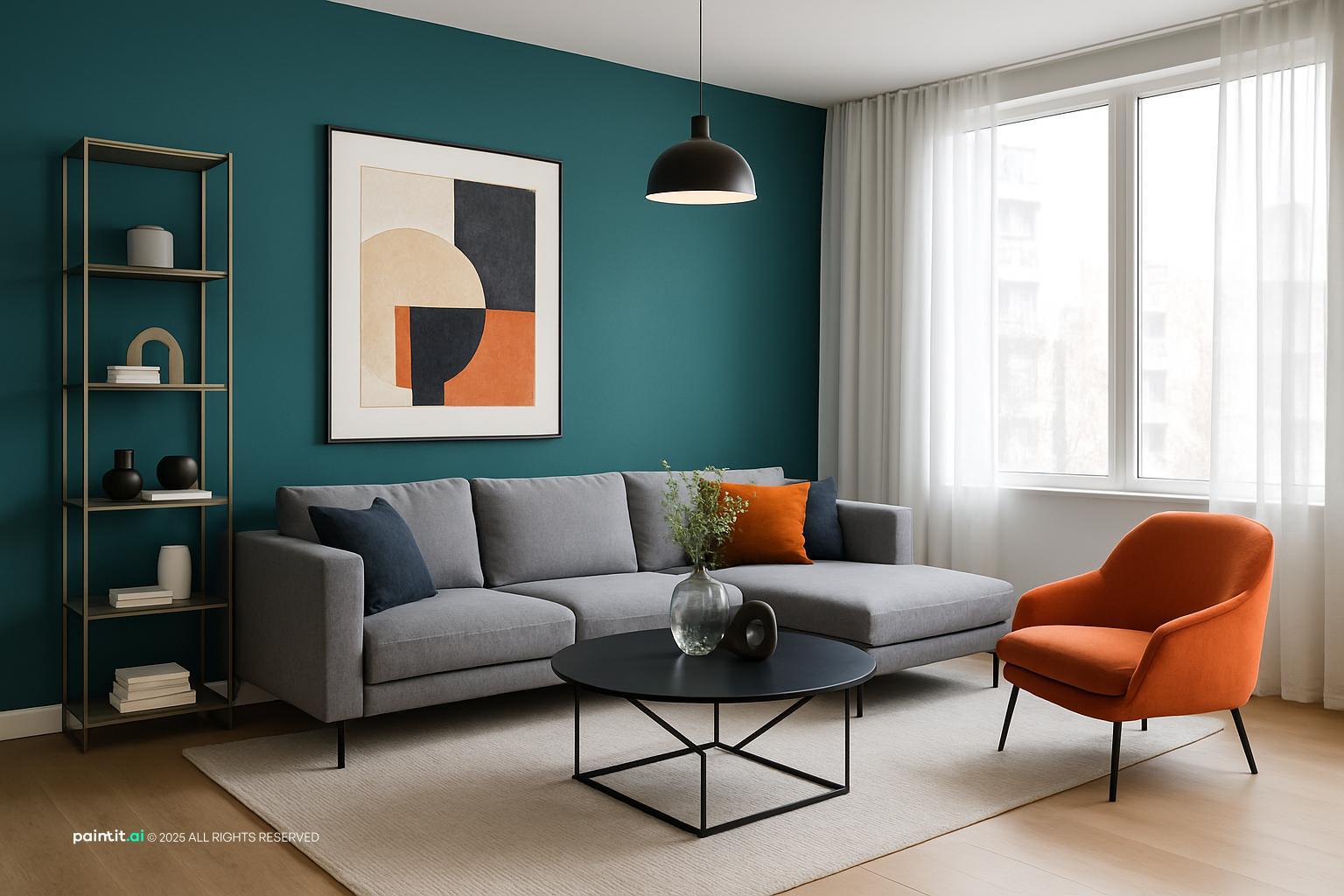 Living room with a teal wall, a gray sectional, an orange armchair and orange-toned artwork