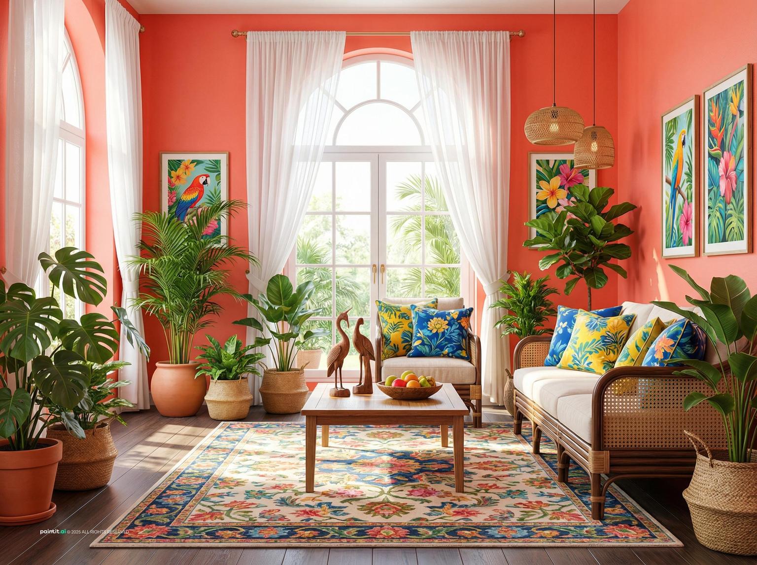 Tropical room with coral walls, arched windows, a colorful rug and many plants