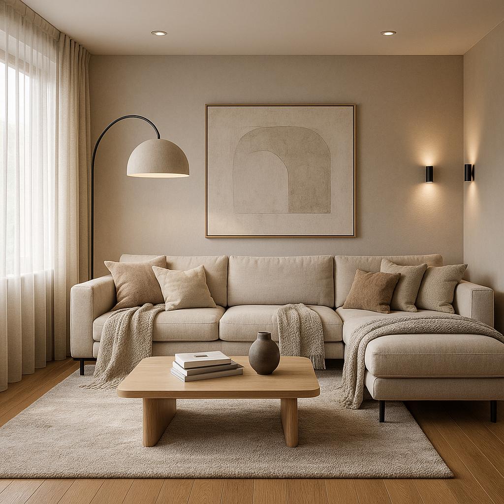 Cozy Modern Living Room Design showing grey palette, red accents, warm wood for Red and Grey Living Room Ideas.