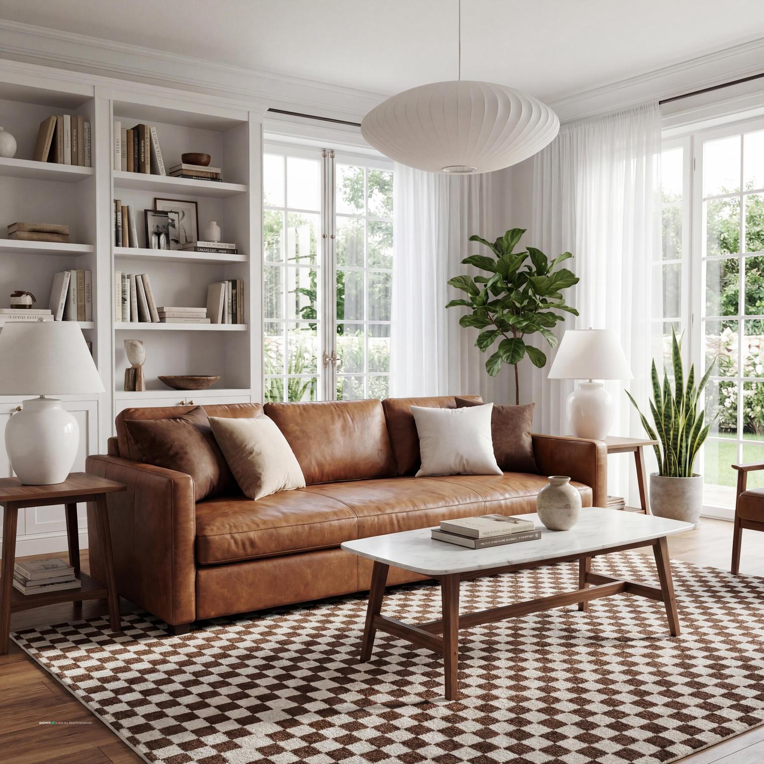 Stylish brown and white 80s living room decor, featuring geometric patterns and sleek surfaces for a sophisticated yet retro aesthetic.