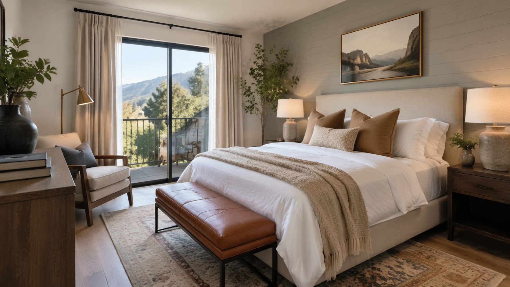 Short-term rental room showing strong guest-friendly styling, clear function, and broad listing appeal