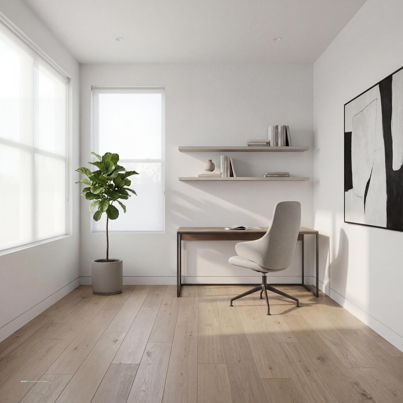 Minimalist office with practical storage and workstations