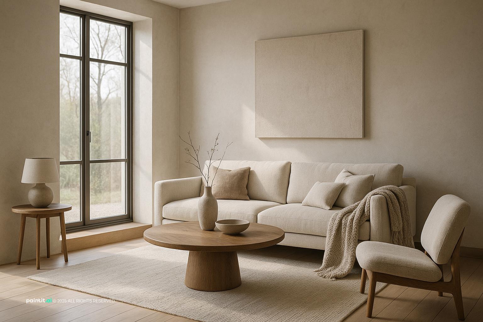 Japandi Living Room Design with daylight and stone and a calm living room atmosphere.
