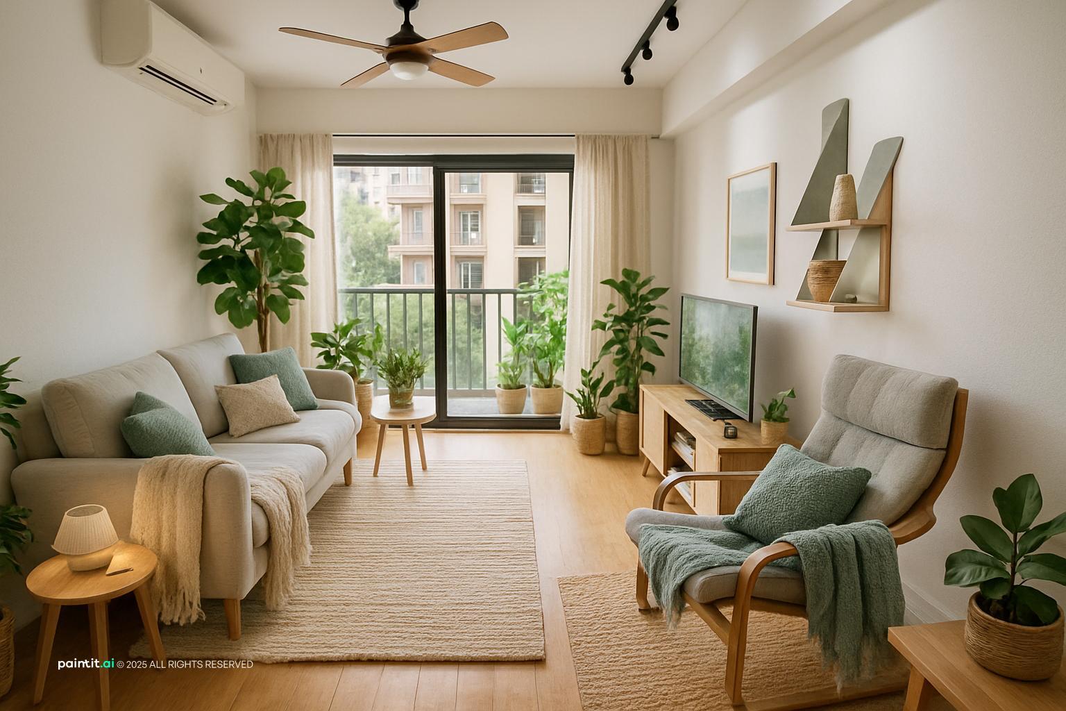 Bright hygge living room with a light sofa, wooden armchairs, plants and a knit throw
