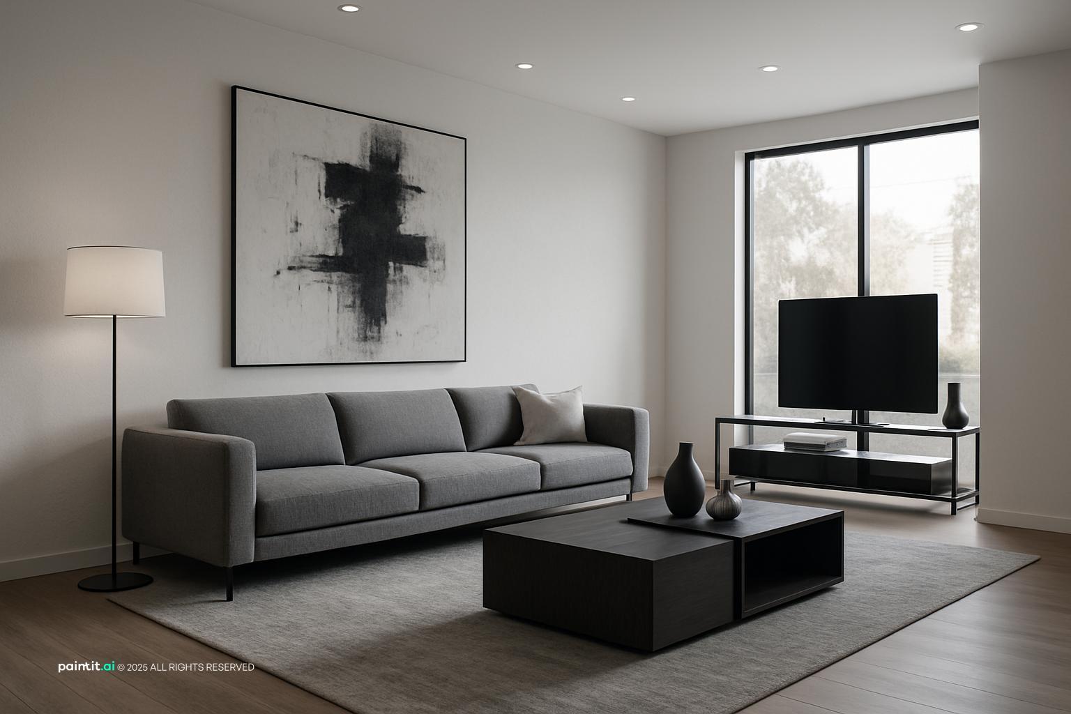 Modern living room with a gray sofa, black coffee table and cool white lighting by a large window