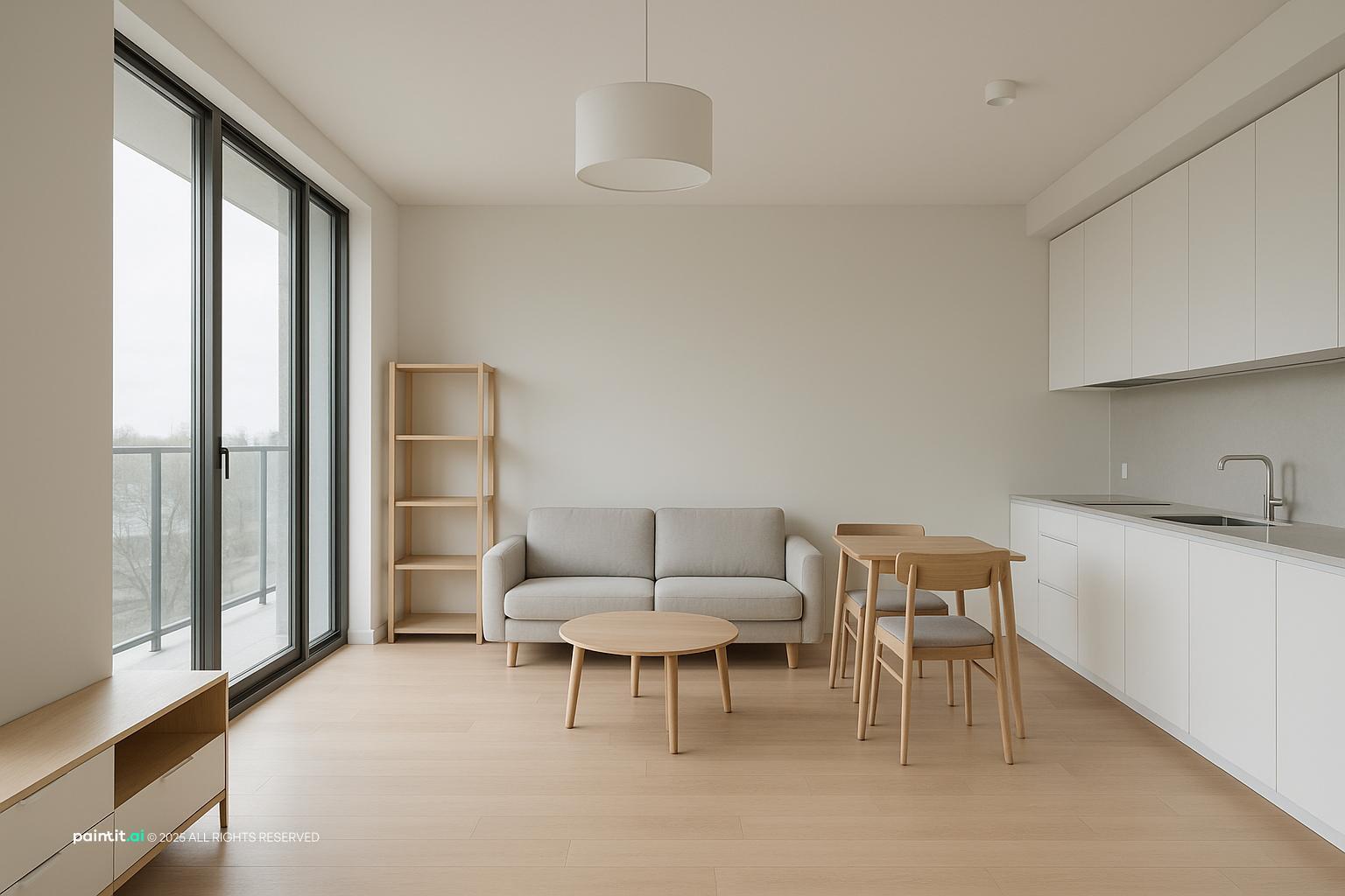 Minimal studio apartment with floor-to-ceiling windows and neutral materials