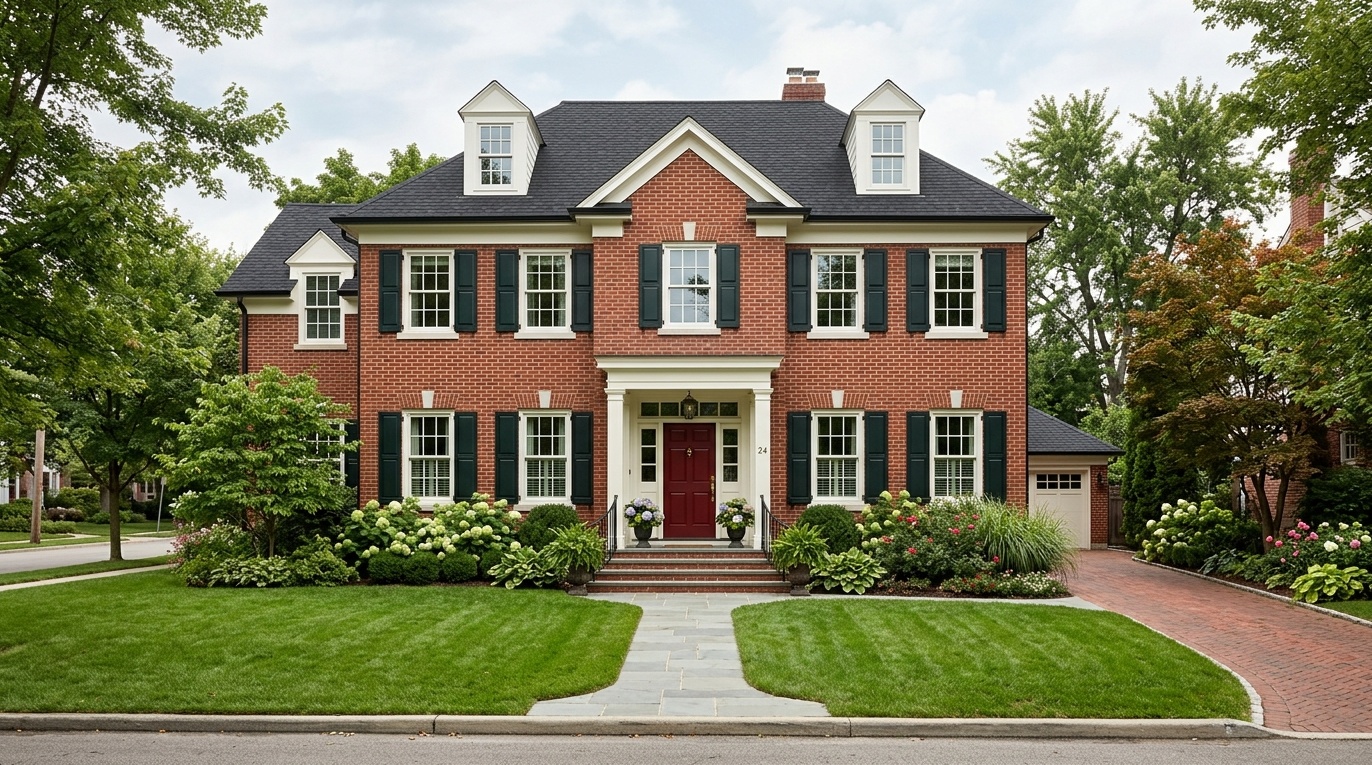 traditional red brick house with warm white trim