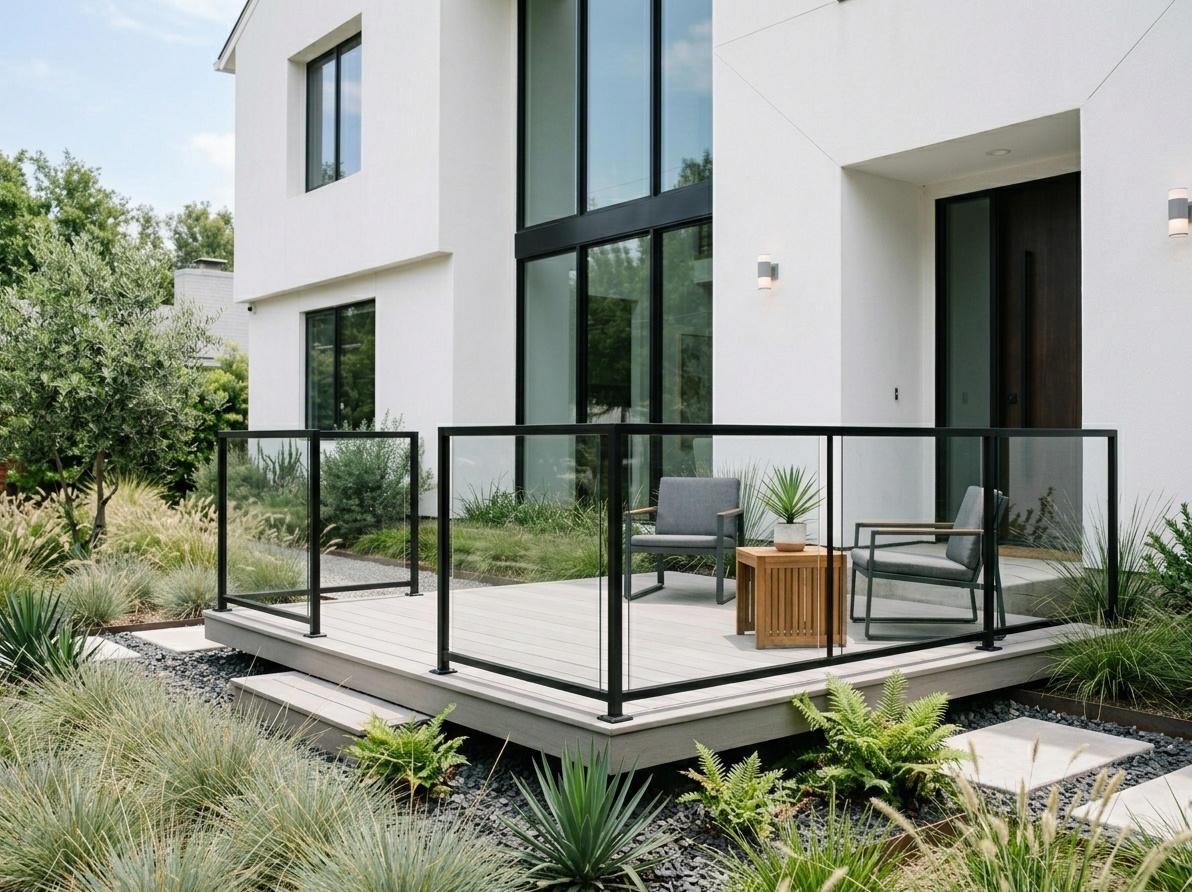 Modern front deck with frameless tempered glass railings in matte black aluminum frames and warm gray composite decking