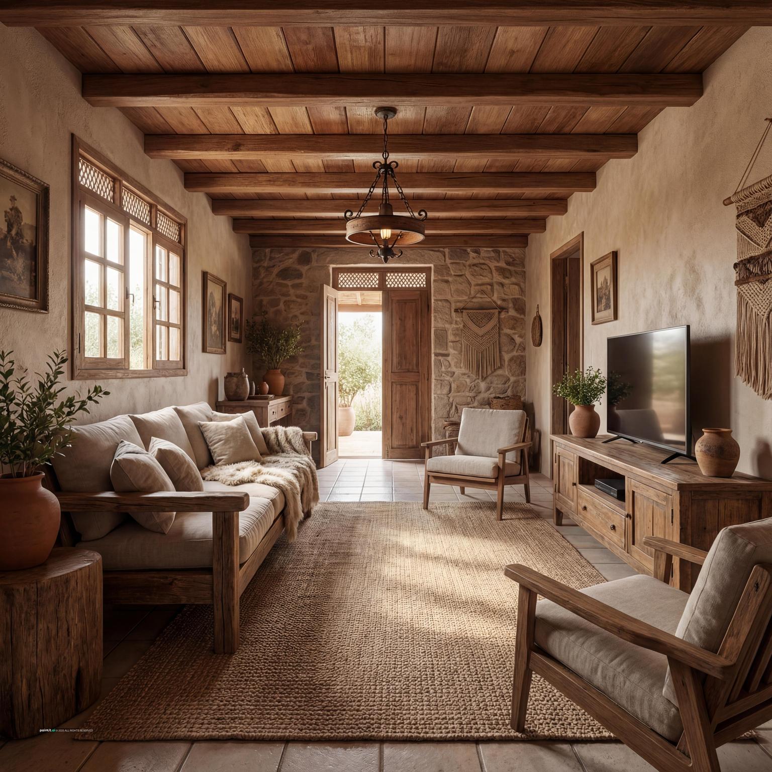 Earthy living room with dark beams, a terracotta floor and linen sofas