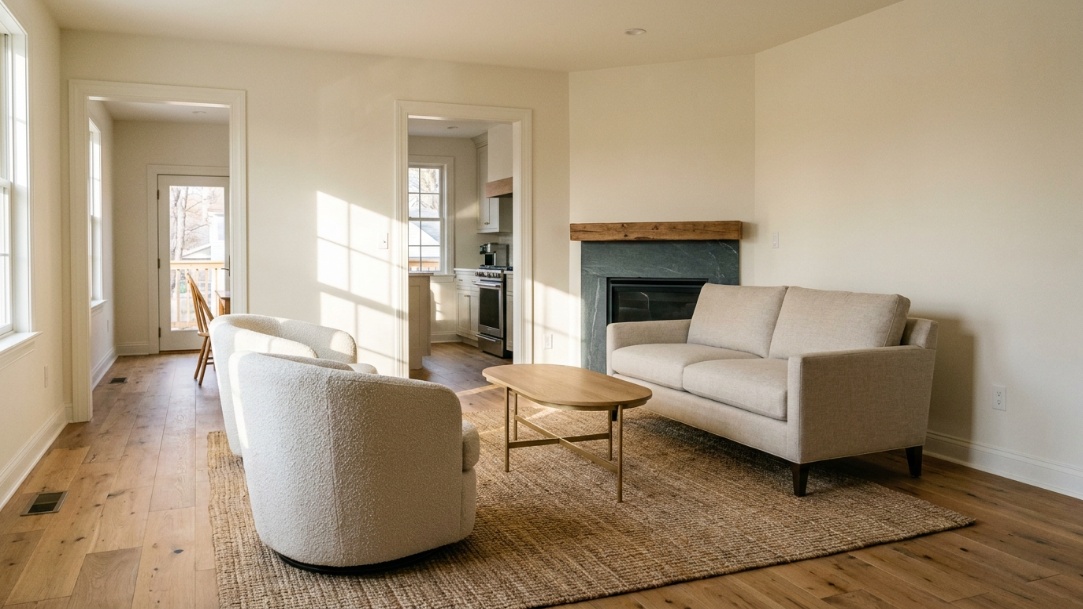 Compact living room layout with a corner fireplace, floating sofa, swivel chairs, oval table, and open path to the kitchen.
