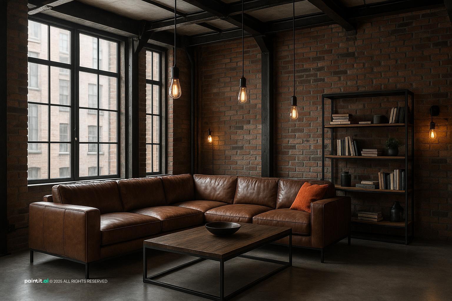 Modern industrial living room with brick wall and black accents
