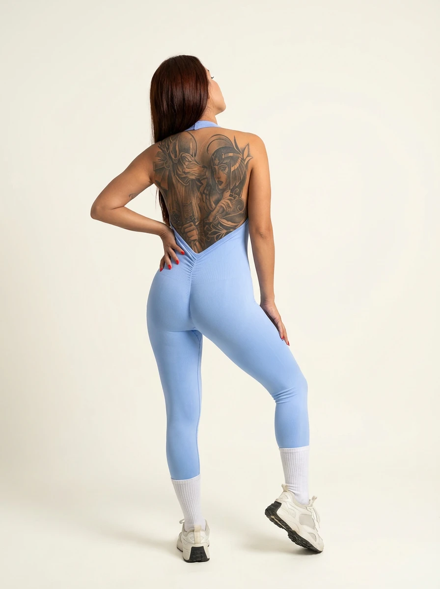 ENTERIZO HALTER LARGO SESGO 429  PERSA AZUL BEBé